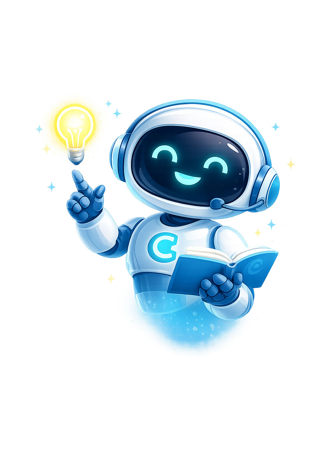 CURA robot study coach holding a book and pointing at a glowing lightbulb.